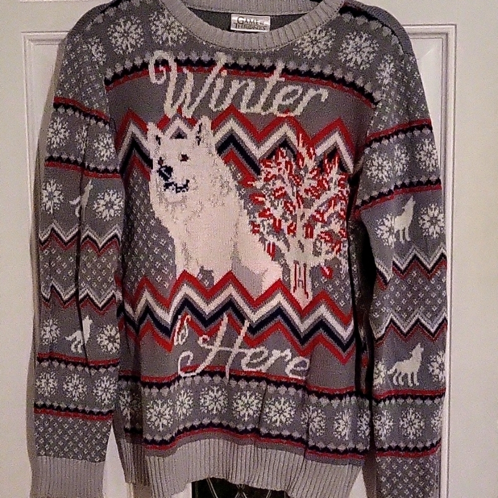 Game of Thrones Sweater Womens XL HBO Winter is Here with wolf (ghost)